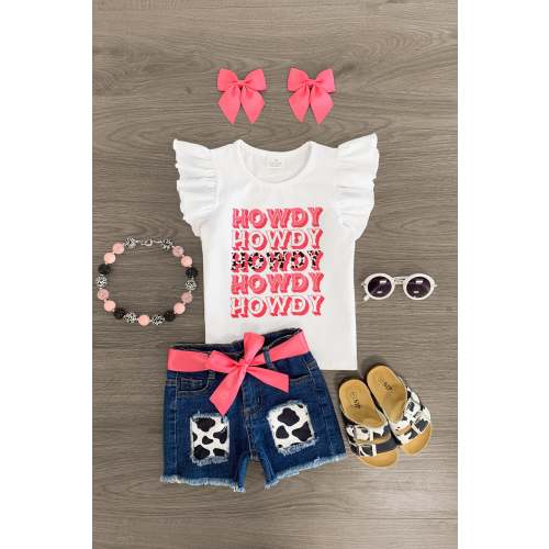 "Howdy" Distressed Denim Short Set