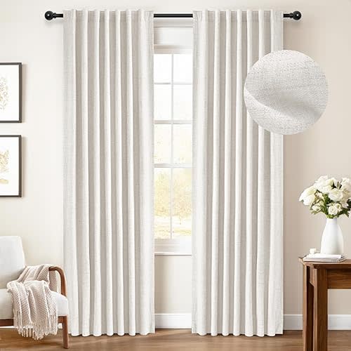 INOVADAY 100% Blackout Curtains 90 Inches Length 2 Panels Set, Back Tab/Rod Pocket Linen Black Out Curtains for Bedroom, Thermal Insulated Window Drapes - Beige, W50 X L90