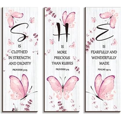 DONFENTHY 3 Pcs Butterfly Wall Art - Pink Room Decor with Wooden Hanging Butterfly & Bible Word Sign for Teen Girls Women's Room, Bathroom, Bedroom (12x4 Inch)