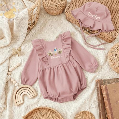 Embroidered Silly Goose Ruffled Linen Romper, Custom Baby Name Romper and Hat, Baby Girl Shower Gift, Newborn Apparel, Coming Home Outfit