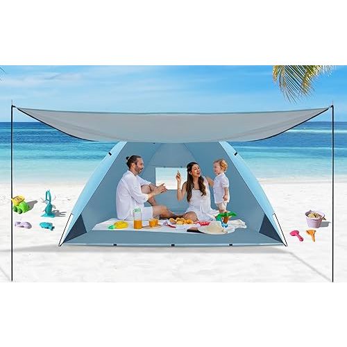 Beach Tent with Canopy, UPF 50+ UV Protection with Silver Coating, Beach Cabana for 4-6 People,Sun Shelter Tent with Ventilation Window & Storage Pockets, Easy to Set up for Family Outdoor use