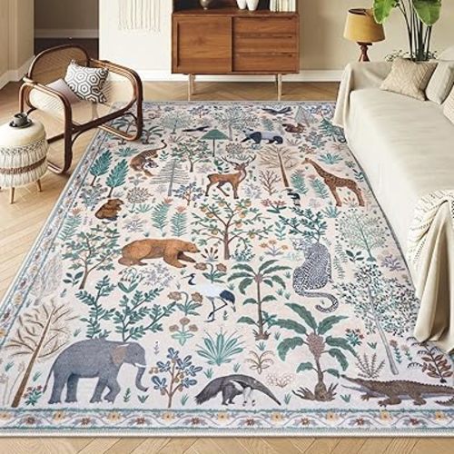 OJIA Jungle 8x10 Area Rugs for Living Room Bedroom Large Washable Rugs, Thin Modern Nursery Rug Non-Shedding Kids Playroom Rug Stain Resistant Large Carpet Neutral Rugs for Kids Room Dining