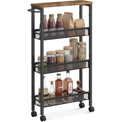 VASAGLE Slim Rolling Cart, 4-Tier Storage Cart, Narrow Cart with Handle, 5.1 Inches Deep, Metal Frame, for Kitchen, Dining Room, Living Room, Home Office, Rustic Brown and Classic Black ULRC032B01V1