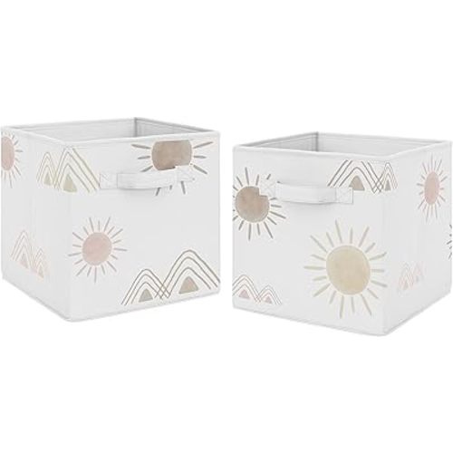 Sweet Jojo Designs Boho Desert Sun Foldable Fabric Storage Cube Bins Boxes Organizer Toys Kids Baby Childrens - Set of 2 - Blush Pink Mauve Gold Taupe Bohemian Watercolor Mountains Southwest