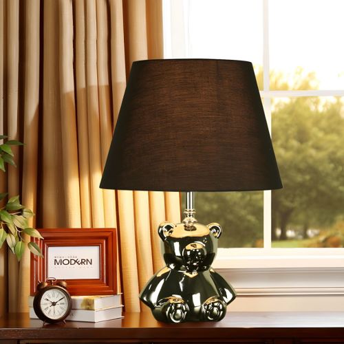 Ceramic Gold Night Lighting Bear 1 Head Countryside Table Light with Tapered Drum Fabric Shade
