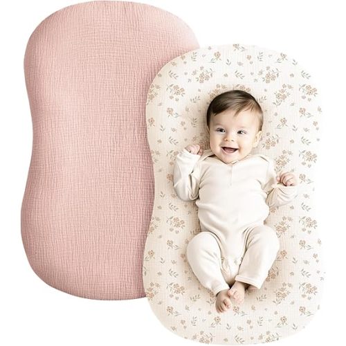 Konssy Muslin Baby Lounger Cover 2 Pack, 100% Cotton Newborn Lounger Cover, Soft and Breathable Baby Nest Slipcover for Boys Girls (Blossom,Pink)