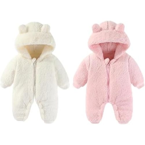 White and Pink 0-3 Months Newborn Baby Bear Outfit Suit Girls Boys Fleece Jumpsuit Romper Hooded Winter Snowsuit Clothes
