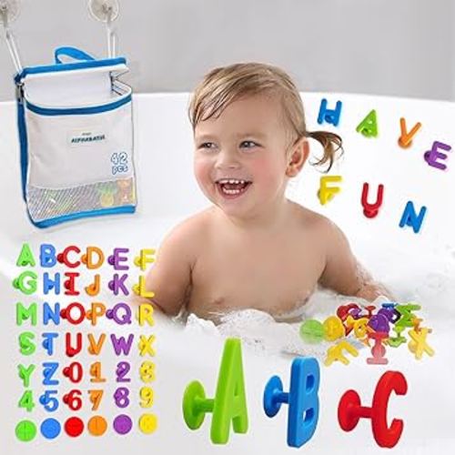 ALPHABATH Suction Bath Toys Alphabet Letters Numbers 42pcs Montessori Stimulating Autism Sensory No Mold Free Preschool Daycare Spelling Math Learn Build Connect Travel Kids Toddlers Ages 1 2 3 Years