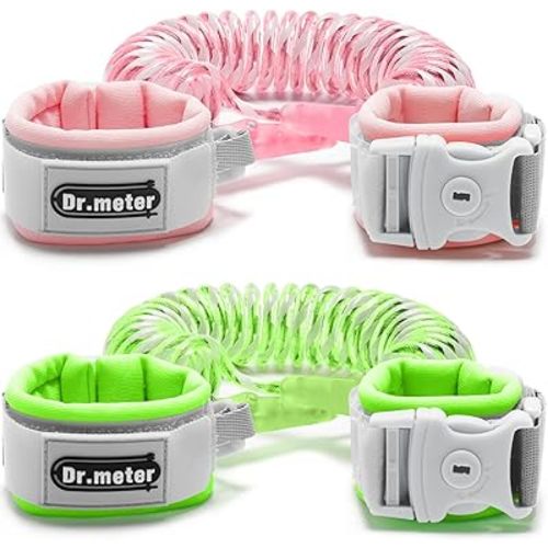 Dr.meter Anti Lost Wrist Link, 2 Pack Toddler Safety Leash with Key Lock, Reflective Child Walking Harness - Dual 8.2ft Length Pink & Green Kids Leash for Boys and Girls Outdoor Essencial