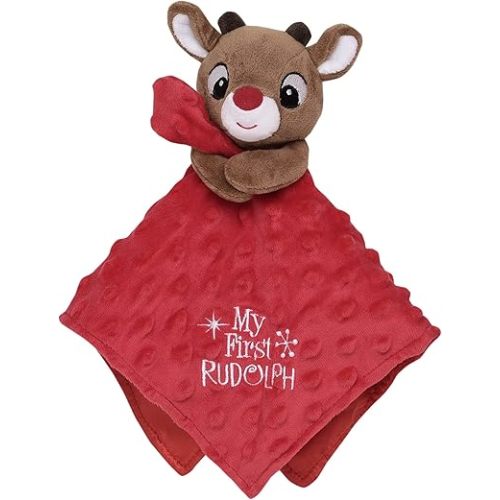 Baby Plush Rattle Snuggle Blanket with Satin and Embroidery, My First Rudolph (Red, 12 inch)