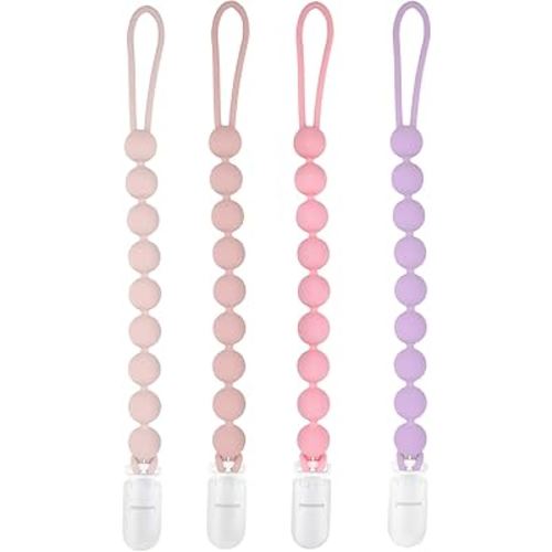 Silicone Pacifier Clip Holder, 4 Pack One Piece Soft Flexible Binky Clips Pacifier Holder Clip for Girls, baby girl newborn essentials, Teething Relief