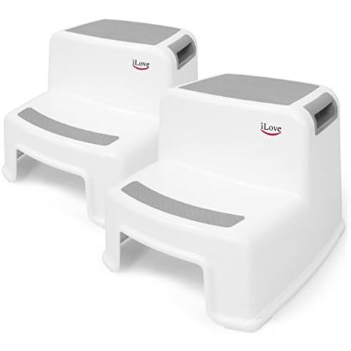iLove 2 Step Stool for Kids and Toddlers, Bathroom and Toilet Stool for Potty Training, Slip-Resistant Soft Grips, Kitchen Helper Stool with Handles, Dual Height - Gray (2 Pack)