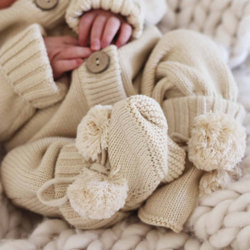 Knit Pom Pom Baby Booties | Sand