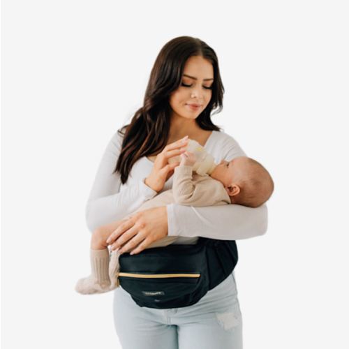 Tushbaby The Original Safety-Certified Hip Carrier for Babies & Toddlers: Machine Washable Child Waist Seat with Pocket Storage, As Seen on Shark Tank (23”-44” waist, 0-3 yrs up to 45lbs) – Black/Gold