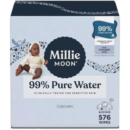 Millie-Moon 99% Pure Water Luxury Baby Wipe, 576 Count (8 * 72 Pack)