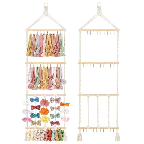 Mkono Headband Holder Boho Hair Bow Organizer for Girls Macrame Bow Hanger with 30 Hooks Bow Holder for Nursery Baby's Room Hair Accessories Organizer Wall Hanging Decor for Bedroom Bathroom