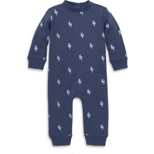 Baby Cozy Fleece Sweatshirt Romper In Mini Bolts, Sunwashed Navy Stream Bolts - Primary | Maisonette