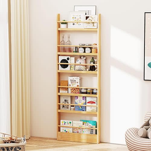 6 Tier Behind The Door Bookshelf, Space Saving Behind The Door Bookcase Wooden Kids Wall Bookcase for Bedroom Living Room Playroom (Wood)