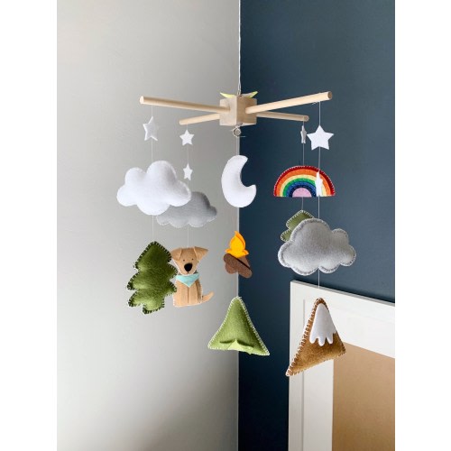 Baby mobile camping, trees and tent baby Mobile, woodland Mobile, dog camping Mobile, mountain Mobile, camping nursery decor, baby Mobile