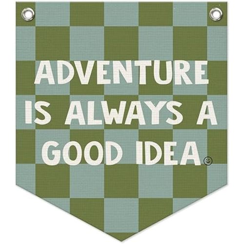 Boys Room Decor – Adventure Linen Pennant, Sage Green Canvas Triangle Flag, Wall Hanging Banner for Toddler Boy Nursery & Playroom, 14.5x12.6 in