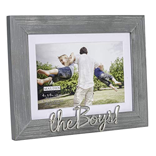 Malden International Designs 4x6 or 5x7 The Boys! Distressed Expressions Picture Frame Silver Finish The Boys! Word Attachment Gray Textured Wood Grain Finish MDF Frame White Beveled Mat