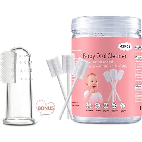 EASICUTI Baby Tongue Cleaner, Baby Toothbrush, 42Pcs Disposable Infant Toothbrush Clean Baby Mouth, Gauze Gum Cleaner Baby Oral Cleaning Stick Dental Care for 0-36 Month Baby+Free 1 Finger Toothbrush