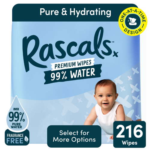 Rascals 99% Water Premium Fragrance Free Baby Wipes, 216 Count