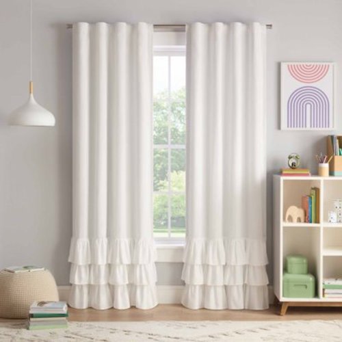 Eclipse Kids Tiered Ruffle Solid 100% Blackout Back Tab 84" long x 40" wide Curtain panel in White