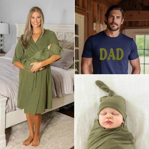 Family Matching Maternity Olive Labor Delivery Hospital ROBE, Baby SWADDLE Set & Dad T-shirt /Baby Shower Gift/Baby Be Mine / Olive Green