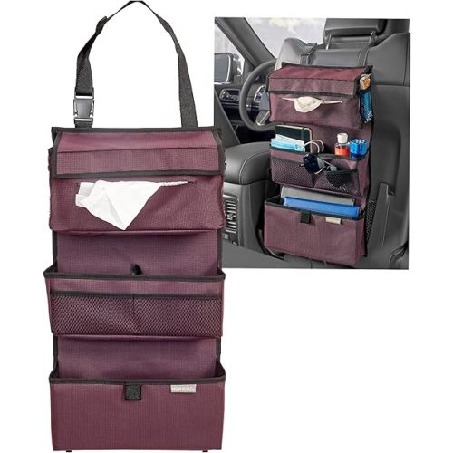 High Road Storage Organizer with Car Tissue Box Holder and Multipurpose Pockets - Back of the Seat or Front Seat Organizer for Driving Essentials - Slim and Compact Car Storage for All Vehicles