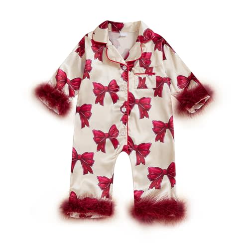 Baby Girl Boy Silk Satin Pajamas Feather Trim Button Down Romper Bodysuit | Unisex Baby Silk Pjs Striped Bow Long Sleeve Romper One Piece Jumpsuit Newborn Sleepwear Nightgown Family Matching Pajamas