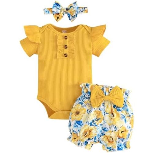 Baby Girl Clothes Newborn Infant Outfit Ruffle Romper and Short Pants Clothing Sets for Summer Spring