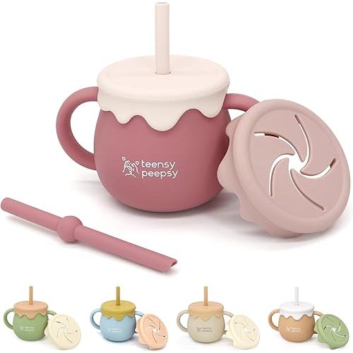 Honey Pot 3-in-1 Silicone Sippy Cup with Straw & Snack Cup for 6 months+ 8.5oz, Baby Straw Cup for Baby Girl Gift, Toddler Smoothie Cup, Baby Water Cup for BLW Training (Pretty in Pink)