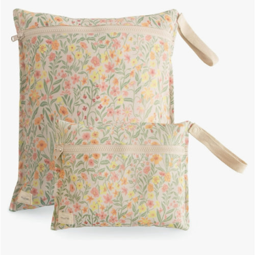 mushie Water Resistant Wet Bags | Large & Small Reusable Storage Bag for Baby Items and Travel | Zippered Pockets with Handle | Machine Washable, Set of 2 (Pastel Blooms)