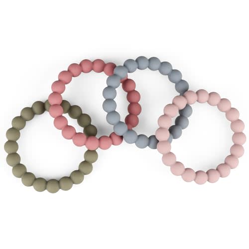 Baby Teether Rings, 100% Silicone Teether Bracelets for 3m+ Babies to Self-Soothe, BPA Free & Phthalate Free - Includes 4 Neutral Baby Rings