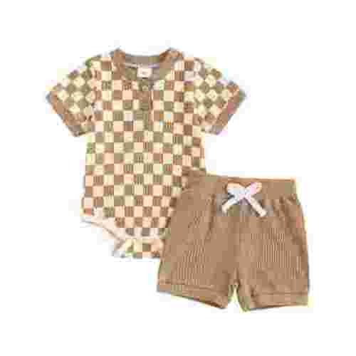 Mevireiy Baby Boys Two Pieces Outfits Ribbed Knit Checkerboard Print Romper Tops Shorts