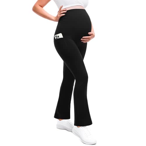 Leafigure Maternity Flare Leggings with Pockets | Pregnancy Pants, Buttery Soft, High Waisted, Over The Belly, Highly Stretchy, Fall Fashion Clothes, Yoga, for Casual Wear
