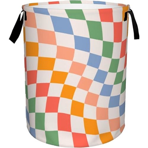 Checkered Laundry Basket,Colorful Retro Wavy Foldable Laundry Hamper Waterproof Oxford Cloth Tote Bag,Clothes Storage Bucket Decorative Toy Organizer For Bathroom Bedroom 16" x 20"