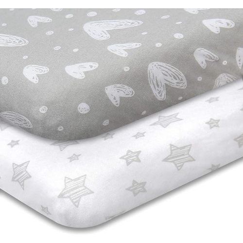 Biloban Pack and Play Sheets Fitted, 2 Pack Playard Sheets Fits for Graco Pack n Play Mattress, 100% Jersey Knit Cotton Mini Crib Sheets for Baby Boys & Gril - Star and Heart Print - Playard/Pack and play sheets