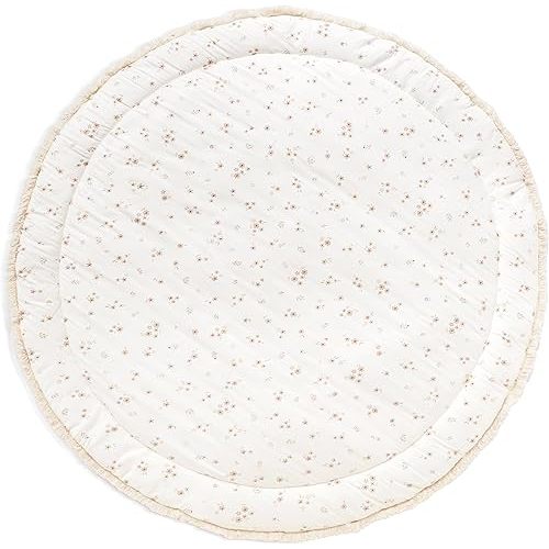MakeMake Organics Organic Play Mat GOTS Certified Organic Cotton Nursery Floor Rug Washable Reversible Non Toxic Activity Mat Tummy Time Crawling Pad Thick Quilted (Round 48", Bloom + Solid Oat)