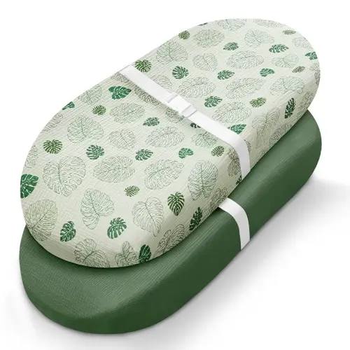 Blissful Diary Muslin Changing Pad Cover for Girls Boys, Soft Baby Diaper Change Table Pad Covers, 2 Pack (Monstera Leaves & Dark Green, Avocado)