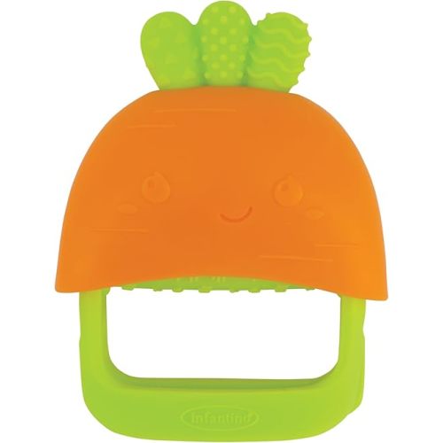 Infantino Handy Dandy Teething Mitt – Soft Silicone Teether for Babies, Develops Grasping Skills, Easy to Clean, Orange Carrot