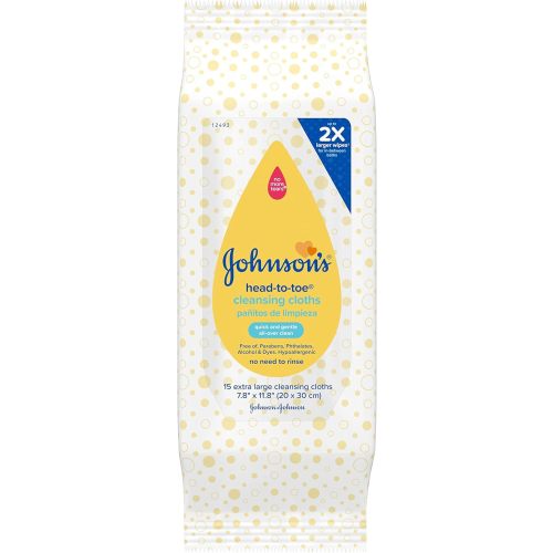 Johnson's Head-to-Toe Gentle Baby Cleansing Cloths, Hypoallergenic and Pre-Moistened Baby Bath Wipes, Free of Parabens, Phthalates, Alcohol, Dyes and Soap, 15 ct (4 Pack)