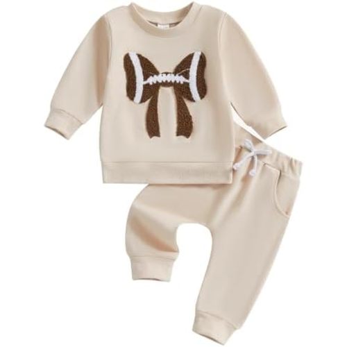 Karuedoo Toddler Baby Girl Football Clothes Football Bow Embroidery Long Sleeve Sweatshirt Top Pants Set 2Pcs Fall Outfits