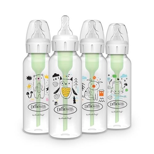 Dr. Brown's Natural Flow Anti-Colic Options+ Narrow Baby Bottle, 8 oz/250 mL, with Level 1 Slow Flow Nipple, BPA Free, 0m+, Bear, Owl, Pig, Frog, 4-Pack