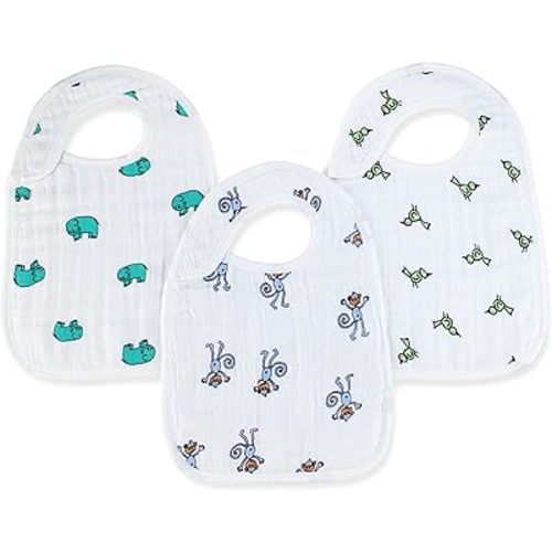aden + anais 100% Cotton Muslin Snap Bib – Super Absorbent, Soft 3-Layer Baby Bib for Boys & Girls with Adjustable Snap-Closure for Teething, Eating, Drooling, 3-Pack, Jungle Jam