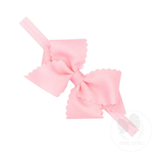 Extra Small Scalloped Edge Grosgrain Hair Bow on Matching Elastic Band - WHITE / INFANT (6-24 MONTHS) | Wee Ones Hair Bows & Accessories