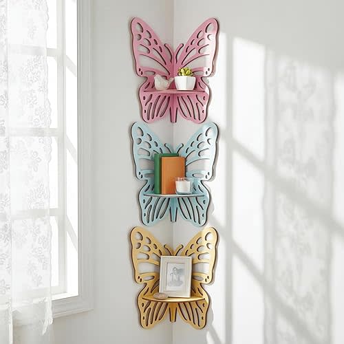 Sliner 3 Pcs Butterfly Floating Corner Shelves Butterfly Wall Mounted Shelves Colorful Decorative Corner Wall Shelf Wood Storage Display Shelf for Nursery Home Bedroom Bathroom Decor