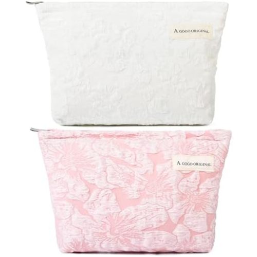 SOIDRAM 2 Pieces Flower Makeup Bag Large Floral Cosmetic Bag Capacity Canvas Travel Toiletry Bag Organizer Cute Makeup Brushes Aesthetic Accessories Storage Bag for Women, Flower L White Pink