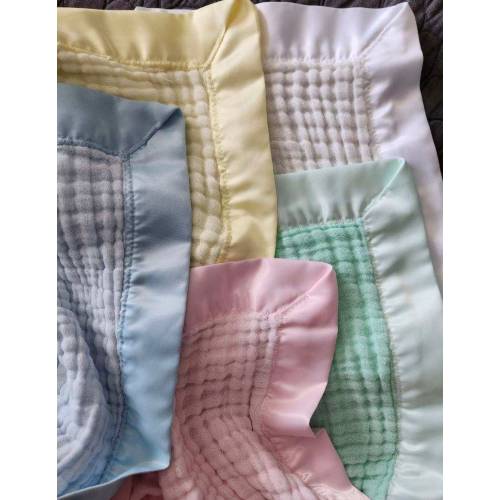 MUSLIN SATIN TRIM Baby Blanket, 6 layer muslin breathable swaddle for newborn, receiving blanket, Handmade, toddler size